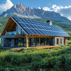 Modern solar-powered mountain cabin with large windows and patio, scenic alpine backdrop