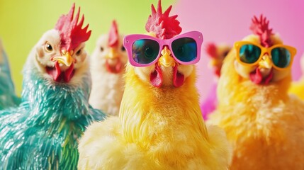 Creative animal concept. Group of chicken in funky Wacky wild mismatch colourful outfits on bright background advertisement, copy space. birthday party invite invitation banner