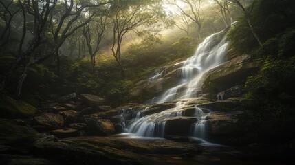 Sunlit misty waterfall cascading down mossy rocks in lush green forest.