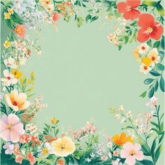 Fototapeta premium Soft pastel green canvas bordered with bright spring flowers, creating a cheerful design for special occasions. Flat