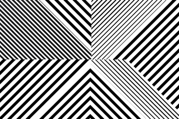 Image shows an abstract geometric pattern. Black and white diagonal lines intersect, creating a central focal point and radiating outwards. The design is symmetrical and features varying line thicknes