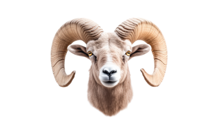 Realistic ram head with large curved horns