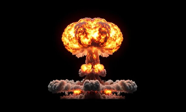 Realistic Nuclear atomic bomb explosion VFX with smoke, fire and mushroom cloud, isolated on black chroma key background overlay transparent alpha	