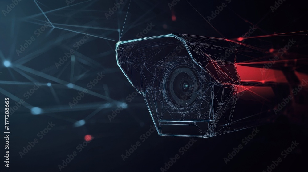 Poster polygonal security cctv camera hologram on dark background. technology and security concept. 3d rend