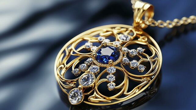A photorealistic image of an ornate gold necklace with a ruby gemstone pendant
