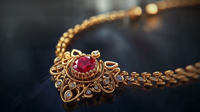 A photorealistic image of an ornate gold necklace with a ruby gemstone pendant
