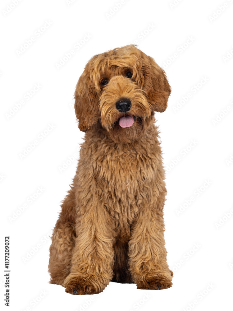 Poster Adorable Labradoodle dog, sitting up facing front with tongue out. Looking towards camera. Isolated cutout on a transparent background.