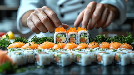 Chef preparing sushi rolls restaurant kitchen