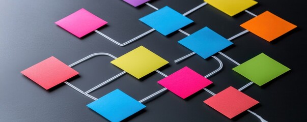 A vibrant flowchart with colorful squares connected by lines, representing ideas or processes on a dark background.