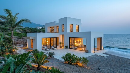 Modern beachfront villa illuminated at dusk, ocean view, hillside landscape