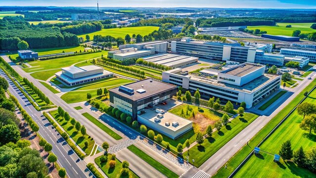 Aerial View of Pharmaceutical Company Campus, Modern Building Complex, Drone Shot