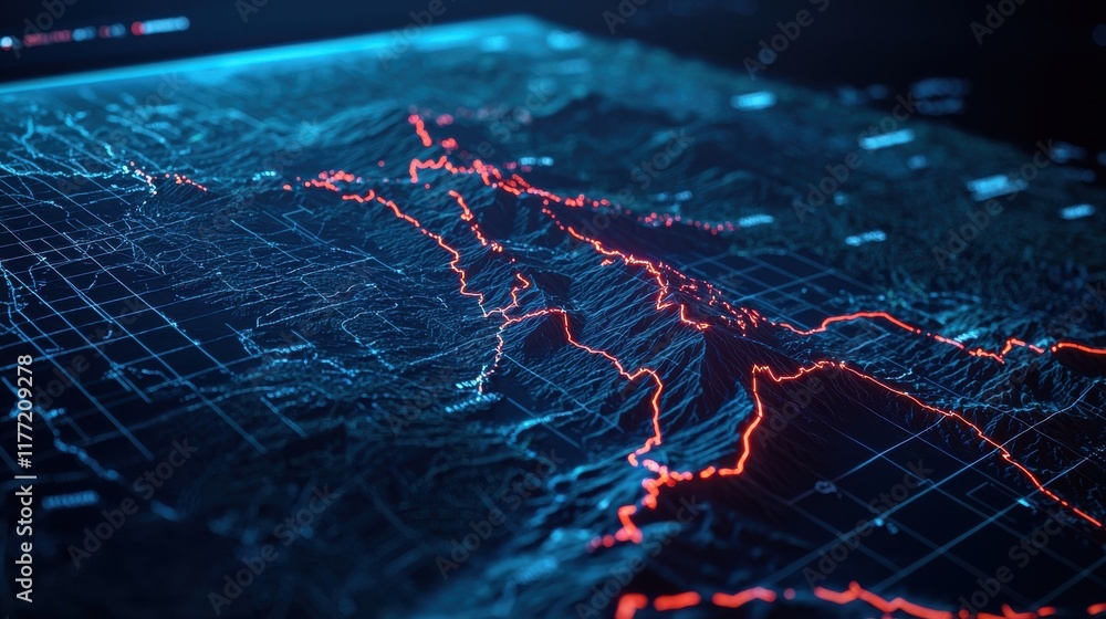 Poster a futuristic digital map displaying intricate patterns in blue and red, highlighting data visualizat