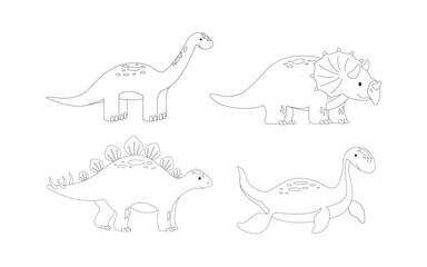 Set of cute cartoon dinosaur outlines diplodocus, plesiosaurus, triceratops, stegosaurus. Prehistoric animals for kids © Tanya Selez