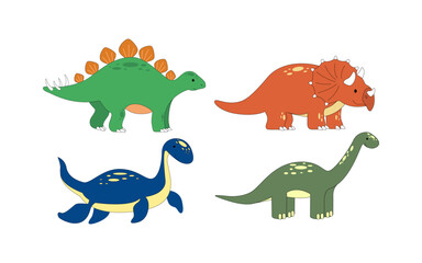 Set of cute cartoon dinosaurs diplodocus, plesiosaurus, triceratops, stegosaurus. Prehistoric animals for kids.eps © Tanya Selez
