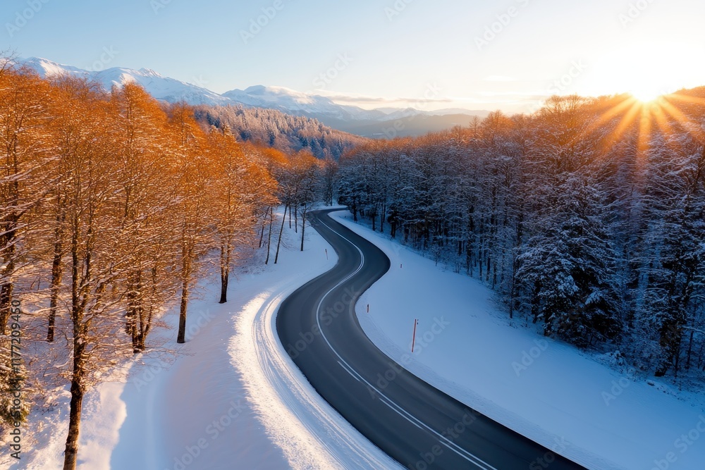 Poster a breathtaking view of a winding snowy path bordered by autumn trees under sunlight, encapsulating t