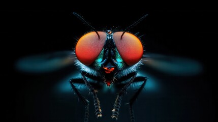 Fototapeta premium Close-up macro of vibrant housefly on black background
