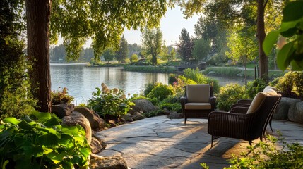 Tranquil outdoor patio featuring cozy chairs, greenery, and a peaceful riverfront setting for enjoying nature