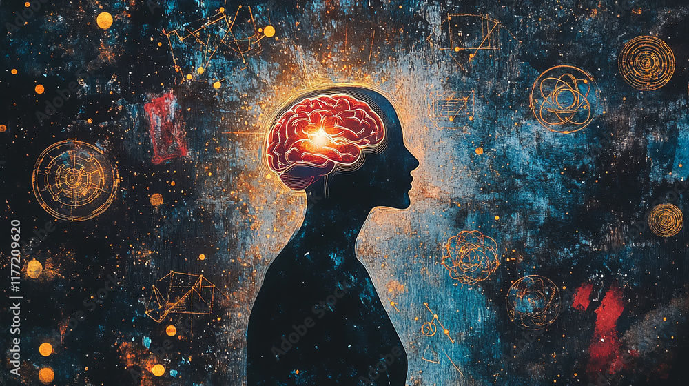 Poster silhouette of a person with a glowing brain and cosmic abstract elements