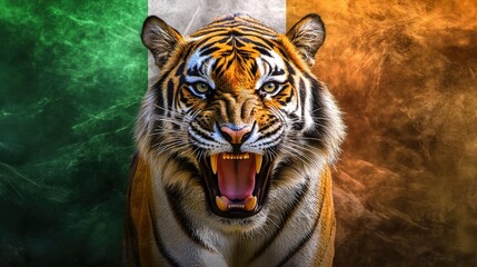 Fototapeta premium India National Tiger Roaring Portrait Against Tricolor Background.