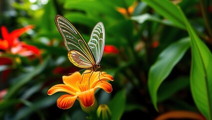 Glasswinged Butterfly Resting on an Orange Flower