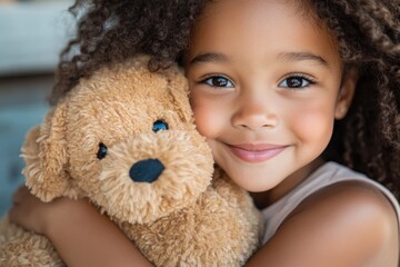 A joyful girl smiles brightly while hugging her fluffy stuffed animal toy, capturing the innocence of childhood and the warmth of companionship in a cozy indoor setting.