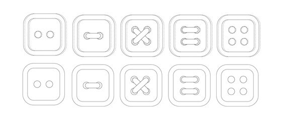 Set of white square buttons. Button with two and four holes. Sewn buttons. Sewing decor, elements