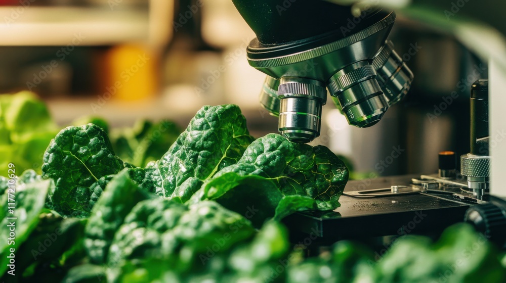 Poster a close-up of a microscope examining a leafy green, emphasizing the intersection of food and science