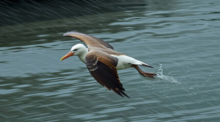 Albatross soars over the water surface.