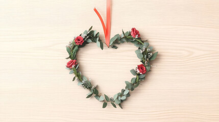heart shaped wreath adorned with roses and greenery, perfect for decoration. This charming piece adds romantic touch to any space, ideal for celebrations or home decor