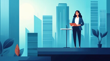 Professional woman giving presentation in modern cityscape with skyscrapers, bright sky, and greenery representing innovation and urban development