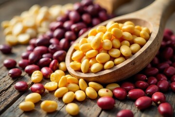 Variety of dried beans and lentils scattered on wooden surface, organic, wooden, lentils