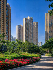 Fototapeta premium Skyscrapers on a sunny day surrounded by a green park with a walking path