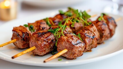 Grilled Meat Skewers Garnished with Fresh Herbs