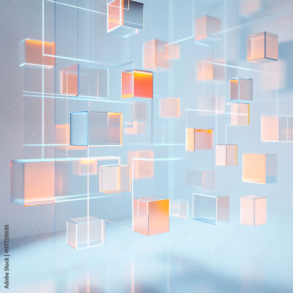 Poster abstract floating glass cubes with soft pastel lighting in a futuristic design