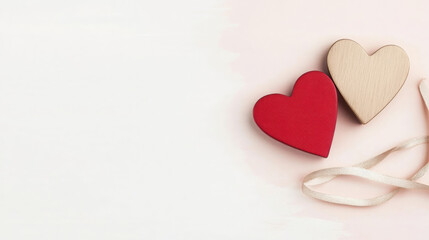 Fototapeta premium Minimalist heart shapes in red and natural wood with ribbon evoke love and warmth. Perfect for romantic themes, celebrations, or decorative purposes