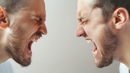 Two men argue passionately with intense expressions in a neutral space during daytime