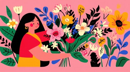 Colorful floral arrangement in a vibrant setting with a woman surrounded by blooming flowers