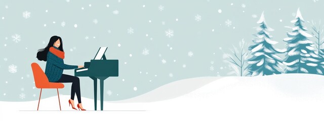 Woman Playing Piano in Winter Wonderland Scene with Snowflakes and Pine Trees, Cozy Atmosphere and Warm Clothing, Perfect for Holiday Celebrations and Music Themes