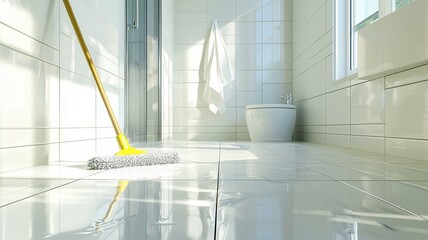 A photorealistic image of a pristine bathroom being cleaned with a mop, gleaming floors and tiles
