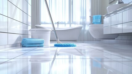 A photorealistic image of a pristine bathroom being cleaned with a mop, gleaming floors and tiles
