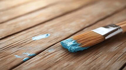 Fototapeta premium Paintbrush with blue paint on rustic wood.
