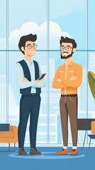 Two Professionals Engaged in a Friendly Discussion in a Modern Office Setting with Large Windows and Bright Natural Light