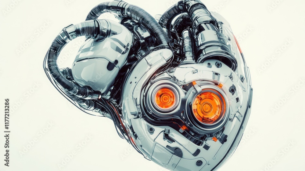 Poster a futuristic robotic heart design with glowing elements and intricate tubing.