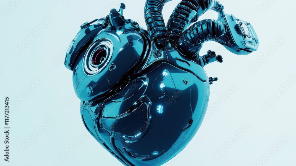 Poster a futuristic robotic heart with mechanical elements, symbolizing technology and emotion.