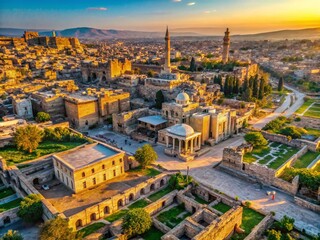 Obraz premium Aerial View of Syrian Landscape, Ancient Ruins and Modern Cityscape