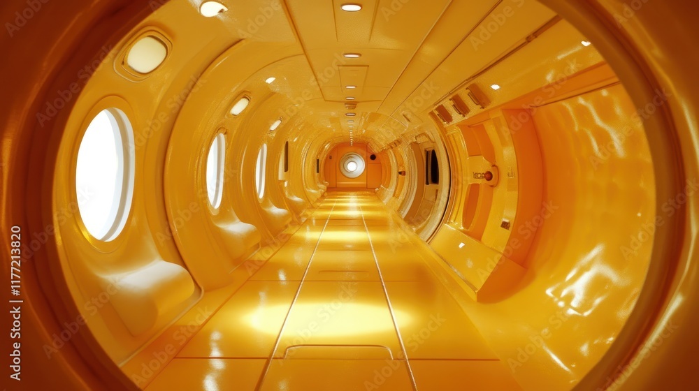 Poster a futuristic yellow corridor with circular windows and smooth surfaces.