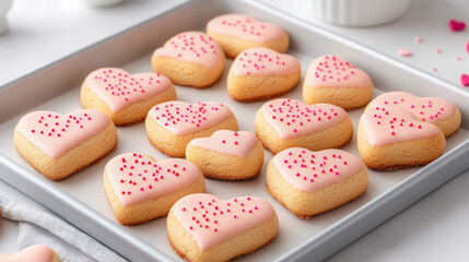 Fototapeta premium Freshly baked heart shaped cookies with pink icing and sprinkles, perfect for celebrations or gifts. These delightful treats are sure to bring joy and sweetness to any occasion