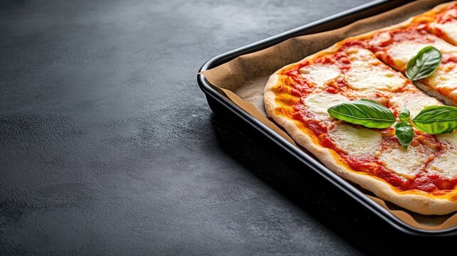 Baked rectangular pizza topped with tomato sauce, mozzarella, and basil