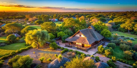Aerial View of Traditional Botswana House, African Village,  Okavango Delta