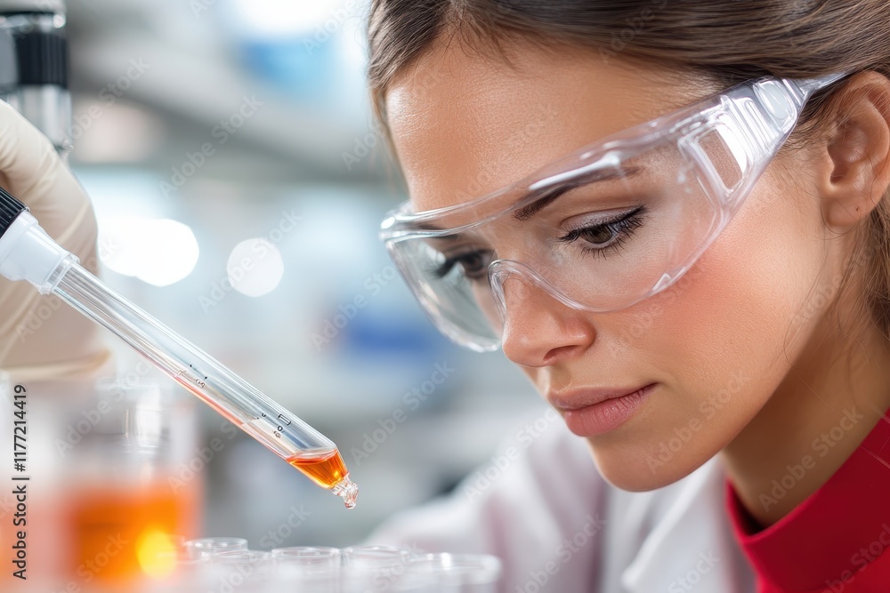 Poster this intriguing image shows a scientist focused on analyzing a liquid drop using a pipette, symboliz